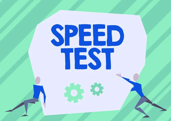 Podpis pokazujący test szybkości. Internet Concept test psychologiczny dla maksymalnej prędkości wykonywania zadania Dwóch mężczyzn ilustracji próbuje podnieść bardzo dużą skałę, aby uwolnić sposób. — Zdjęcie stockowe