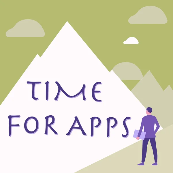 Inspiráció mutató jel Time For Apps. Word Írt alkalmazás vagy szolgáltatások segítségével a technológiák Úriember öltönyben Álló Holding Notebook néző magas hegyvonulat. — Stock Fotó