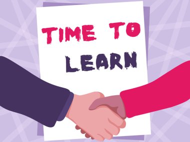 El yazısı öğrenme zamanı. Kavramsal fotoğraf: Gerçekleri ve fikirleri anlamak ve anlamak için Boş Kağıt Elle Tokalaşan İki Adam Anlaşmayı Sunar.