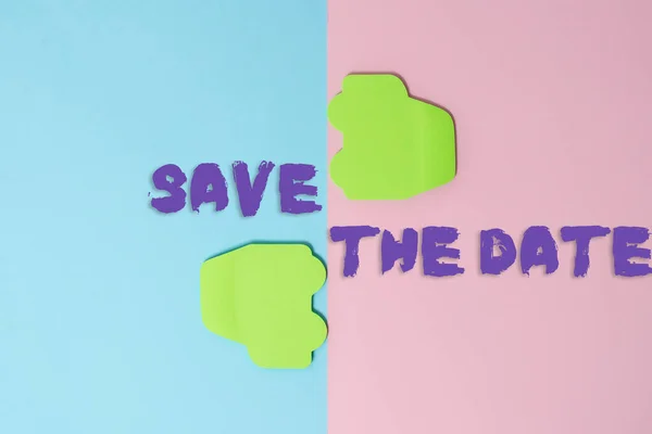 Handwriting text Save The Date. Internet Concept Organizing events well make day special event organizers Two Objects Arranged Facing Inward Outward On a Separated Coloured Background — Stock Photo, Image