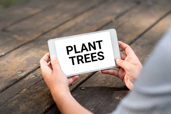 Signo de texto que muestra árboles de plantas. Concepto que significa proceso de plantar un árbol para el cultivo de la tierra y la silvicultura Capacidades de llamadas de voz y video que conectan a las personas — Foto de Stock