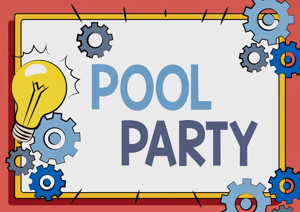 Ручная надпись Pool Party. Празднование бизнес-идеи, которая включает в себя активистов в бассейне Исправление старой файловой системы, ведение онлайновых файлов, удаление сломанных ключей — стоковое фото