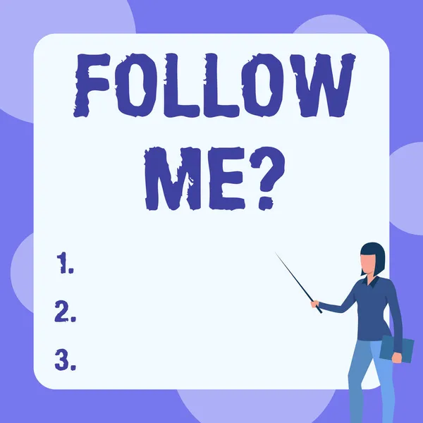 Inspiration, die Zeichen zeigt Follow Me Question. Word for go oder come after person or thing going ahead Lady Standing Holding Notizbuch während Pointing Stick In Blank Whiteboard. — Stockfoto