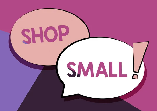 Текстовый знак "Магазин маленький". Бизнес-подход общенационального движения, которое празднует малый бизнес каждый день два красочных пересекающихся речи пузырь рисования с восклицательным знаком. — стоковое фото