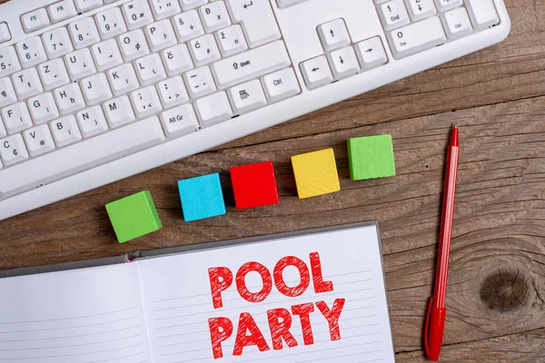 손으로 풀 파티라고 쓰기. Word Written on celebration that includes activitites in a swimming pool Stack of Sample Cube Rectangular Boxes On Surface Polished With Multi-Colour — 스톡 사진