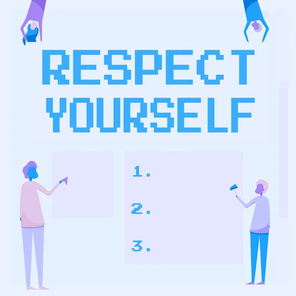 Bildunterschrift: Respect Yourself. Internet-Konzept in dem Glauben, dass man gut und würdig behandelt wird Vier Kollegen zeichnen stehend unterschiedlich großes Blankoblatt. — Stockfoto