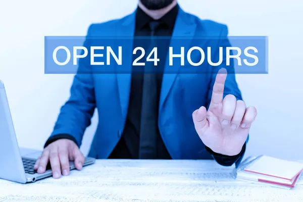 Handstilstext Öppna 24 Timmar. Affärsstrategi tillgänglig hela dagen och hela natten utan att stänga eller stoppa Remote Office Work Online Presentera affärsplaner — Stockfoto