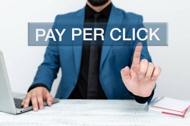 Tıklama başına ödeme sunan metin başlığı. İnternet Konsepti, ödemenin uzaktan kumandalı ofis çalışmalarına dayalı olduğu internet pazarlaması Çevrimiçi İş Planları Tasarımları Sunar