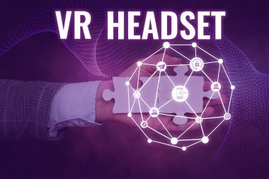 İlham Vr Kulaklığı gösteren metin. Yeni Gelecek Teknolojileri Kilidini Açan Elle Tutulan Yapboz Parçası 'na sanal gerçeklik sağlayan iş vitesi başlıklı cihaz.