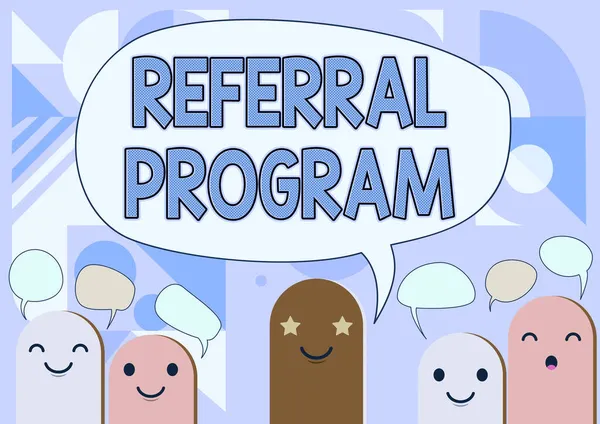 Writing displaying text Referral Program. Conceptual photo internal recruitment method employed by organizations Cartoon Heads Drawing Drawing With Speech Bubble Showing Conversation. — Stock Photo, Image