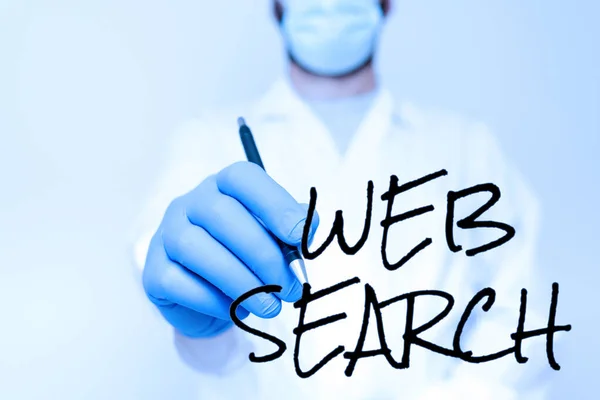 Pisanie wyświetlania tekstu Web Search. Koncepcja oznacza system oprogramowania przeznaczony do wyszukiwania informacji w internecie Naukowiec demonstrujący nowe technologie, Lekarz udzielanie porad medycznych — Zdjęcie stockowe