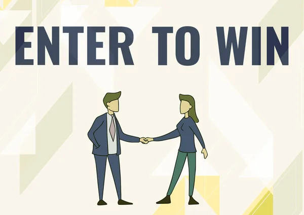 Pisanie wyświetlania tekstu Enter To Win. Internet Concept wymieniając coś wartościowego dla nagrody szansę zdobycie nagrody Mężczyzna i kobieta stoi twarzą w kierunku siebie trzymając się za ręce. — Zdjęcie stockowe