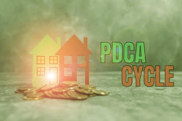 Написание текста Pdca Цикл. Word Written on use to control and continue improve the processes and products Presenting Brand New House, Home Sale Deal, Giving Land Owownership — стоковое фото