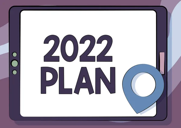 Légende textuelle présentant le Plan 2022. Approche d'affaires contestant des objectifs d'idées pour la motivation de nouvelle année pour commencer le dessin de comprimé d'ordinateur avec l'écran tactile clair et la broche d'emplacement. — Photo