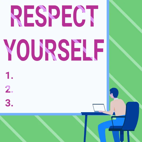 Handschriftlicher Text Respect Yourself. Internet-Konzept der Überzeugung, dass man gut und würdig behandelt wird Mann im Sessel sitzend Laptop auf dem Tisch mit großem weißen Brett. — Stockfoto