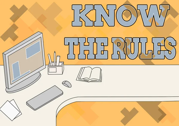 Handstilstexten känner till reglerna. Word Skrivet på ställa explicita eller regleringsprinciper för uppförande Office Desk med dator pennhållare och öppen Blank anteckningsbok. — Stockfoto