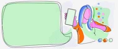 Bayan Holding için çizgi çizimi. Konuşma köpüklü yeni fikirleri sunar. Hareketli Kadın Konuşma Balonuyla Yeni Fikirler Gösteriyor.