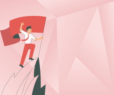 Man On A Mountain Drawing Proud Of His Climbing Success To The Clouds. Athlete On A Cliff Celebrating Achievement Ascending To The Top. Sports Guy Reaching The Sky. vector