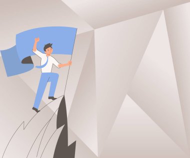 Man On A Mountain Drawing Proud Of His Climbing Success To The Clouds. Athlete On A Cliff Celebrating Achievement Ascending To The Top. Sports Guy Reaching The Sky. vector