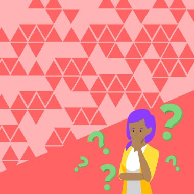 Kadın Beyin Fırtınası Yeni Çözümler Çiziyor. Etrafı soru işaretleriyle çevrili. Kadın Problme 'u çözmek için başka yollar arıyor. Problem Çözme Yetenekleri