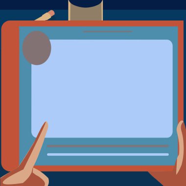 Yeni şaşırtıcı fikirler için büyük tablet arama planları kullanan bir elin tasviri. Palm Holding Büyük Çizim Pad Proje için Eski Harika Haberleri Buluyor.