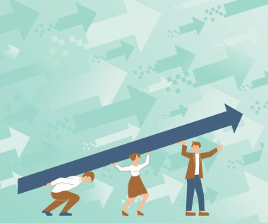 Dört Meslektaşlar Çizimi Başarı İçin Büyük Ok Tutuyor. Takım arkadaşları İşaretçi 'yi tepeye, hedeflerine doğru taşıyor..