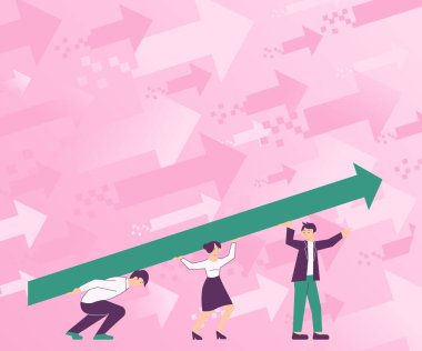 Dört Meslektaşlar Çizimi Başarı İçin Büyük Ok Tutuyor. Takım arkadaşları İşaretçi 'yi tepeye, hedeflerine doğru taşıyor..