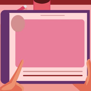 Yeni şaşırtıcı fikirler için büyük tablet arama planları kullanan bir elin tasviri. Palm Holding Büyük Çizim Pad Proje için Eski Harika Haberleri Buluyor.