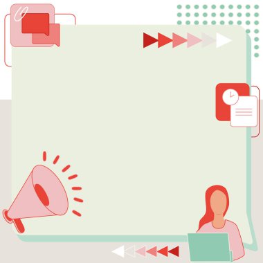 Megafonun yanında oturan bir kadın, kalabalığa yeni bir duyuru yapıyor. Bayan Çizgi Çizimi Megafon Kullanıyor ve Bilgisayar Tanıtımını Geç Yapıyor.