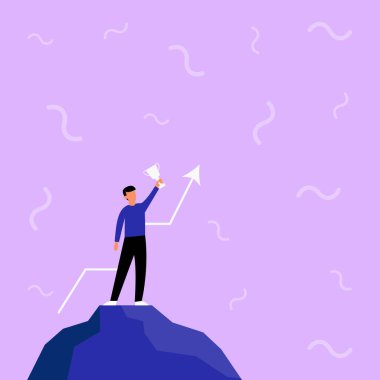 Illustration Of Businessman Standing Alone On Big Rock Proudly Holding Up High Trophy. Man Drawing Top Of Cliff Hanging One Handed Shiny Golden Cup . vector