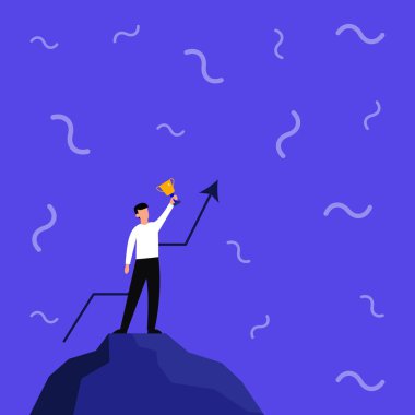 Büyük Kaya 'da Büyük Kupa' yı gururla elinde tutan İşadamı 'nın tasviri. Uçurumun tepesine çizen adam Tek elle asılı Parlak Altın Kupa .