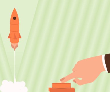 Yeni Ufuklar için roketi uzaya fırlatmak için Man Hand Button 'a basıyor. İşadamı, daha iyi fikirler için uzay mekiğini gökyüzüne doğru itmeye başladı..