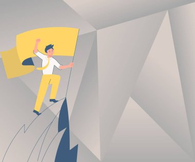 Man On A Mountain Drawing Proud Of His Climbing Success To The Clouds. Athlete On A Cliff Celebrating Achievement Ascending To The Top. Sports Guy Reaching The Sky. vector