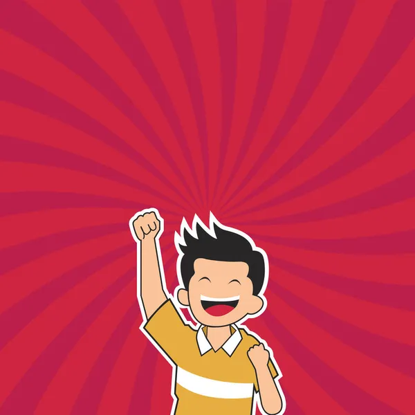 Niño feliz dibujando con el pelo rizado celebrando el éxito. Alegre hombre disfrutando de la realización con espiral fondo levantando la mano. — Vector de stock