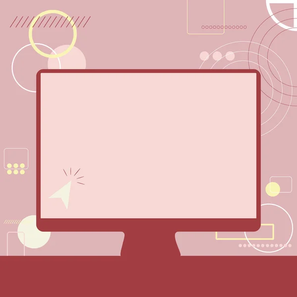 Illustrazione del cursore in un grande schermo vuoto Monitor alla ricerca di nuove idee meravigliose. Disegno vuoto della televisione con un puntatore Trovare vecchio concetto stupefacente. — Vettoriale Stock