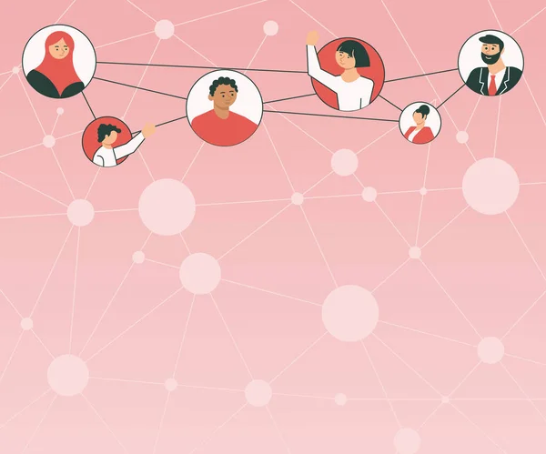 Diferentes personas en círculos charlando juntos y conectados a través de las redes sociales. Grupo de equipos que se conectan entre sí con los mismos canales. — Archivo Imágenes Vectoriales