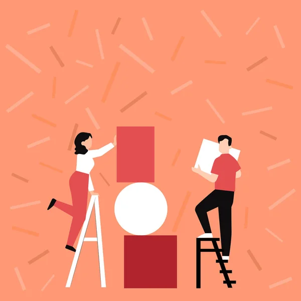 Paar tekenen met behulp van Ladder helpen elkaar plaatsen van grote lege fotolijsten aan een muur. Partners Drawing Standing To Extension Stairs Installeren van blanco posterborden. — Stockvector