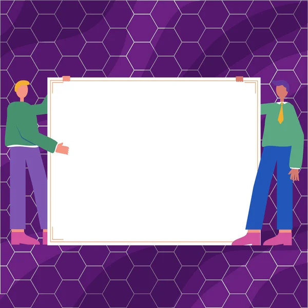 Two Men Drawing With Empty Paper Background Presenting New Ideas. Gentleman Holding Large Paper Showing New Developments. Colleagues Brainstorming Recent Thoughts. — Stock Vector