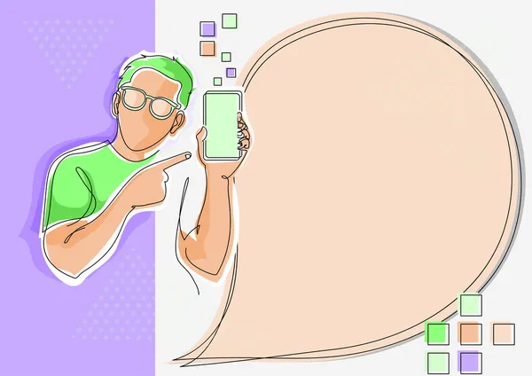 Line Drawing For Youth Guy Holding Phone Présentation de nouvelles idées avec bulle vocale. Homme portant mobile affichant de nouvelles idées avec ballon de conversation. — Image vectorielle