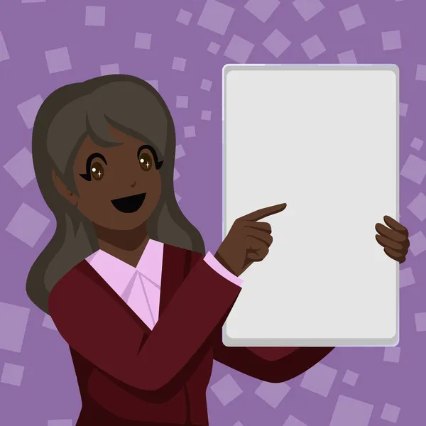Business Woman Drawing Holding Big Blank White Board Presenta nuovi annunci sorprendenti. Ragazza sorridente che indica sul manifesto vuoto che condivide vecchie idee meravigliose. — Vettoriale Stock