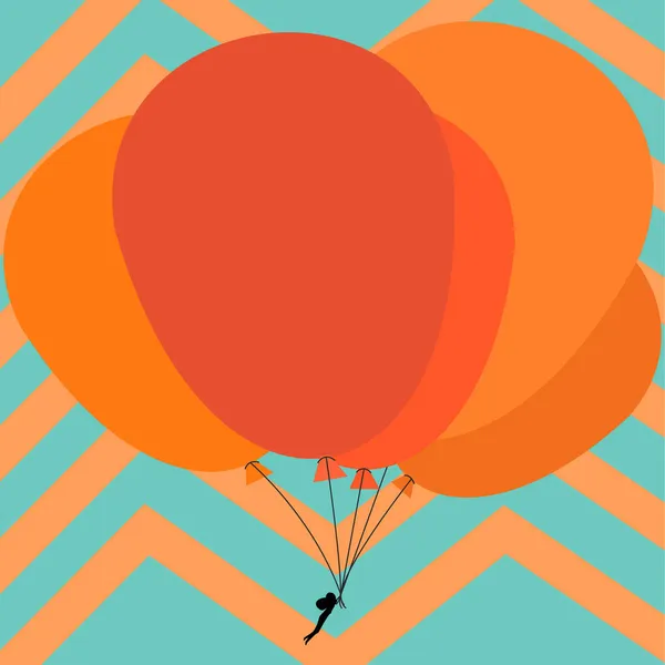 Hombre sosteniendo globos dibujando volando alrededor. Globos coloridos con fondo rayado. — Vector de stock