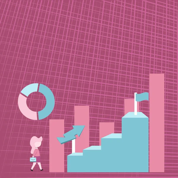Business Woman Walking Towards Large Graph Showing Performance. Lady Chystáte se na finanční úspěch graf v uniformě. — Stockový vektor