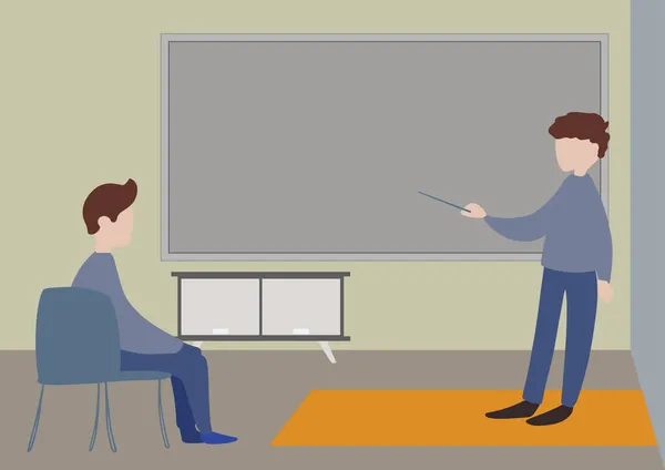 Illustrazione di un insegnante e studente che hanno lezione privatamente all'interno di una classe. Istruttore Disegno Mentoring suo allievo Discutendo nuove lezioni incredibili. — Vettoriale Stock