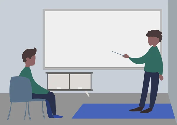 Illustratie van een leraar en student die privé les heeft in een klaslokaal. Instructeur tekenen mentoring zijn leerling bespreken van nieuwe verbazingwekkende lessen. — Stockvector