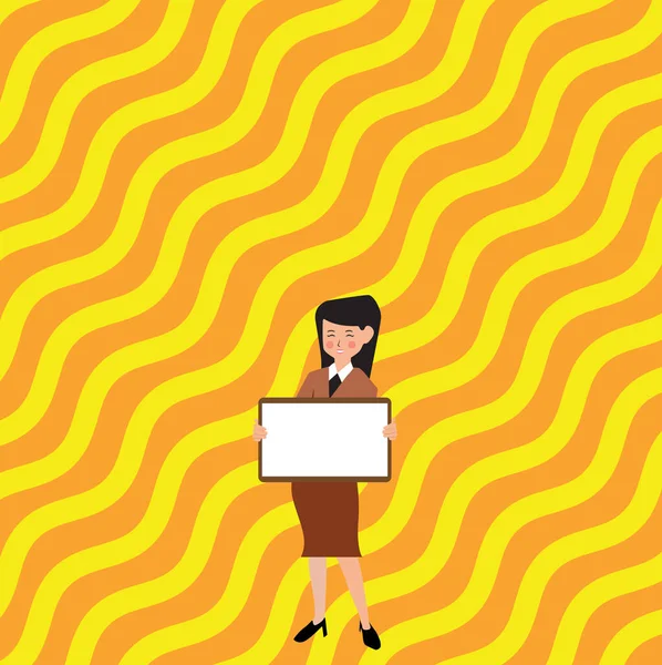 Mooie dame staand whiteboard presenteren nieuwe aankondiging. Zakenvrouw Holding Sheet In Uniform Toont Late Advertentie voor publiek. — Stockvector