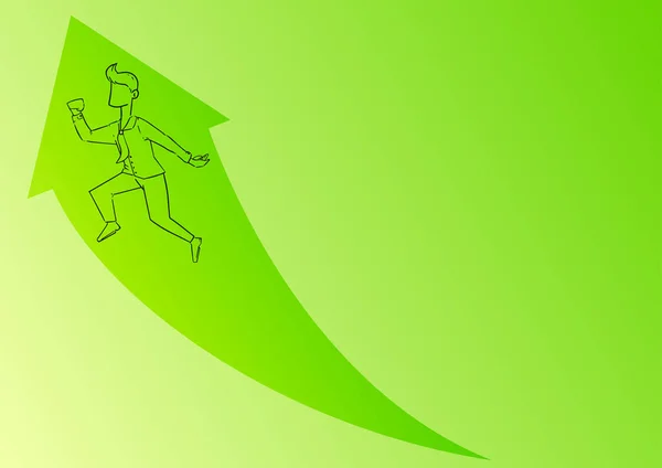 Ilustração de feliz empresário animado correndo com grande seta tem sua promoção. Employee Drawing alegremente Jumping Celebration Sua nova posição. — Vetor de Stock