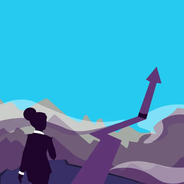 Lady loopt naar de bergen met een pijlmarkering succes. Zakelijke vrouw marcheren in de richting van haar voltooiing met een groot teken voor de heuvels. — Stockvector