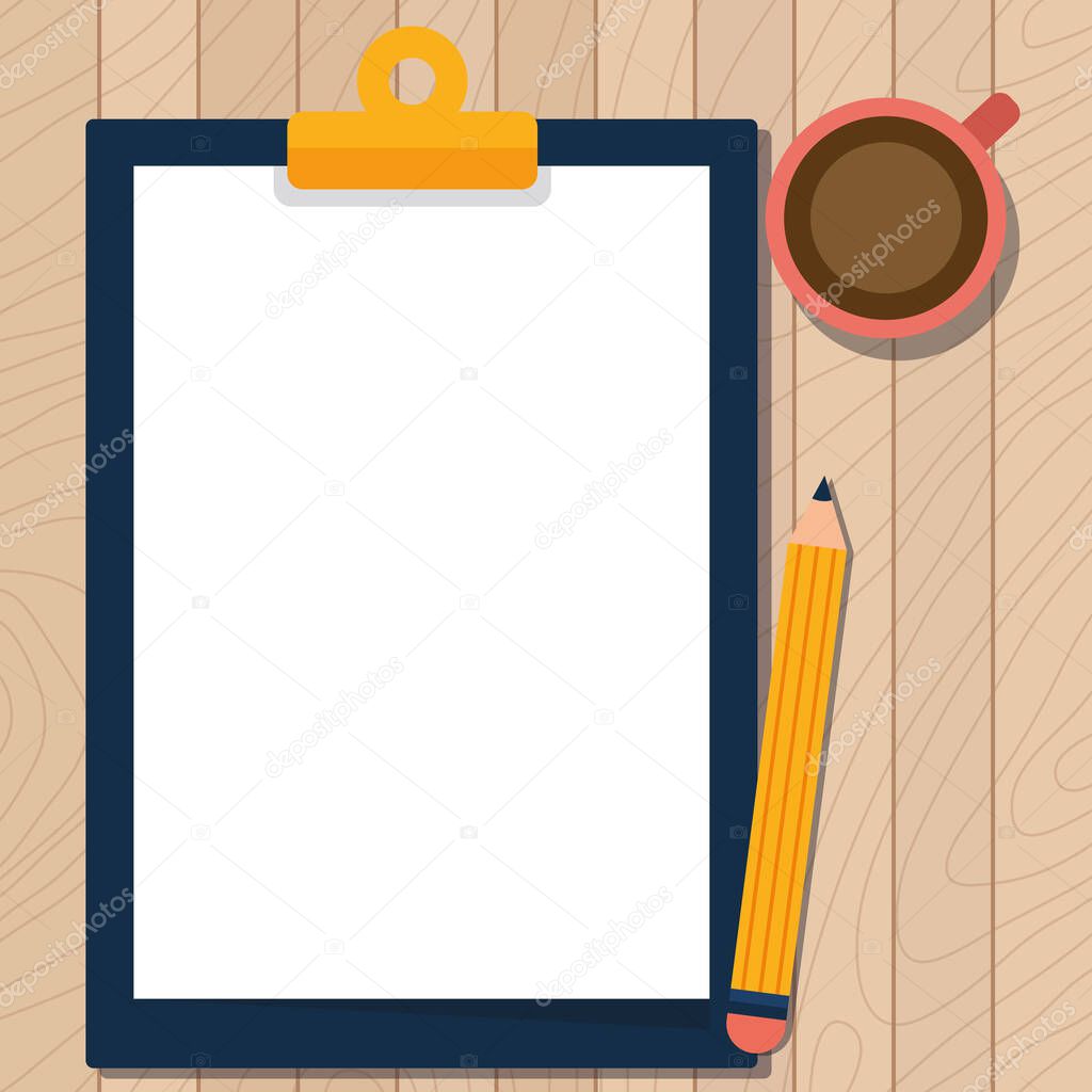 Illustration Of Large Pencil On Top Of Table Beside The Big Blank Clipboard And Coffee Mug. Empty Form Holder Drawing Beside Drinking Cup Placed At Desk.