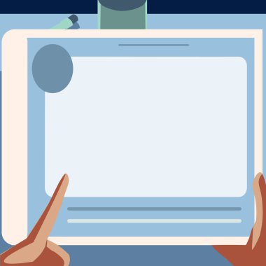 Yeni şaşırtıcı fikirler için büyük tablet arama planları kullanan bir elin tasviri. Palm Holding Büyük Çizim Pad Proje için Eski Harika Haberleri Buluyor.