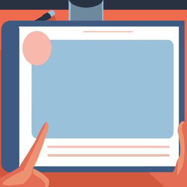 Yeni şaşırtıcı fikirler için büyük tablet arama planları kullanan bir elin tasviri. Palm Holding Büyük Çizim Pad Proje için Eski Harika Haberleri Buluyor.